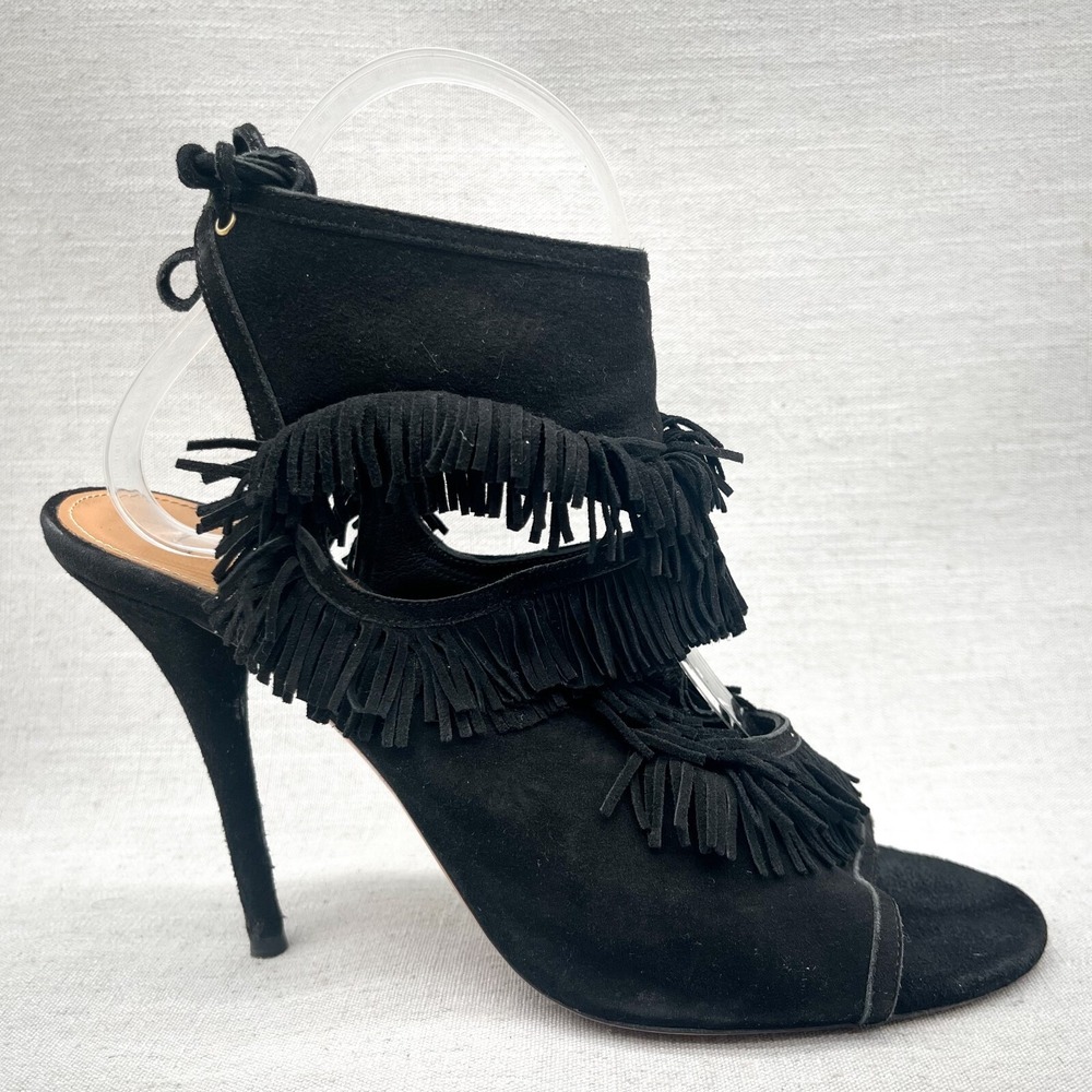 Aquazzura Womens 39/ 9 Sexy Fringe Gladiator Sandals Shoes Black Suede Tie Heels